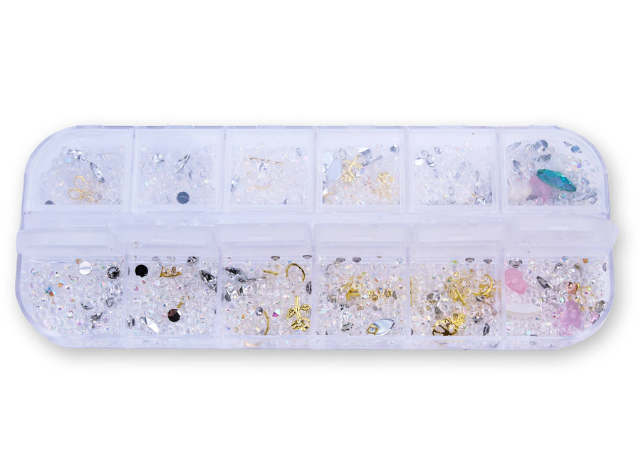 Zestaw ozdób do paznokci mix kryształki, cyrkonie, złote elementy - kasetka