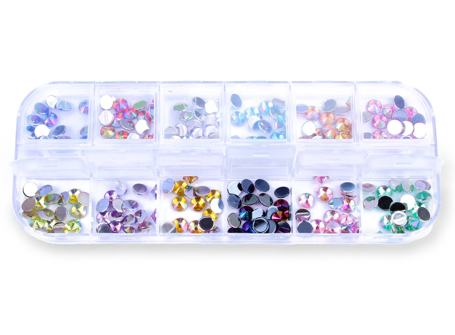 Zestaw ozdób do paznokci stożkowe dżety holo 12 kolorów - kasetka