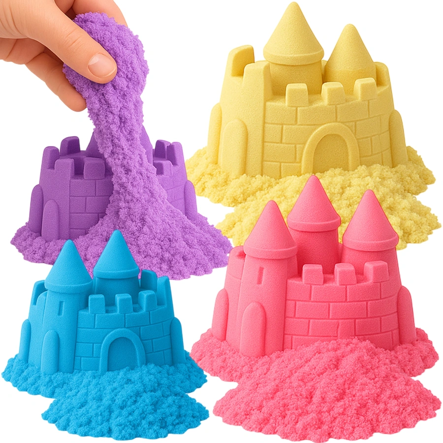 Zestaw Piasek Kinetyczny 4 kg różowy, żółty, niebieski, fioletowy – Super Plastyczna Piaskolina dla Dzieci
