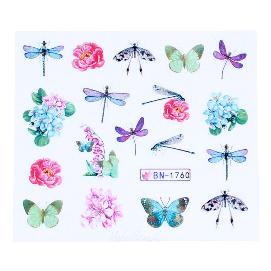 Naklejki wodne na paznokcie ważki, motyle, kwiaty BN-1760