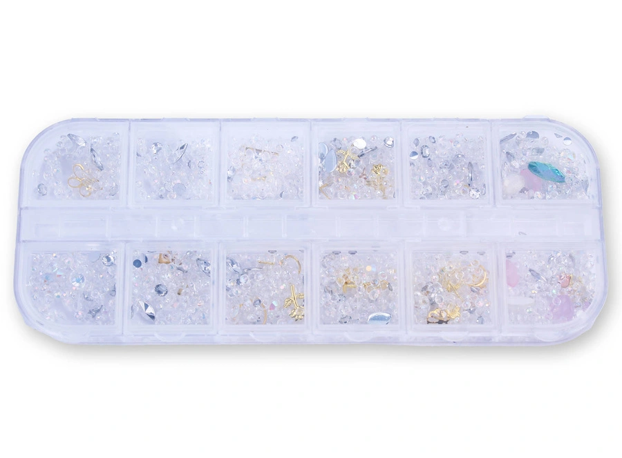 Zestaw ozdób do paznokci mix kryształki, cyrkonie, złote elementy - kasetka
