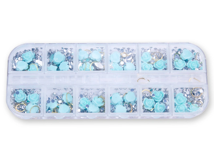 Zestaw ozdób do paznokci mix cyrkonie, różyczki, złote elementy - kasetka
