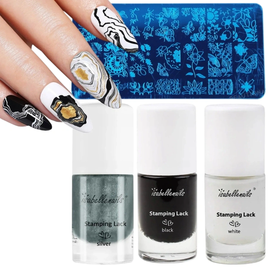 Zestaw do stemplowania paznokci lakiery silver, gold, white, black + blaszka