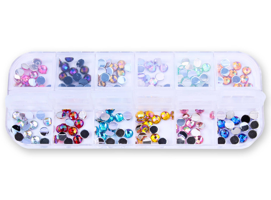 Zestaw ozdób do paznokci okrągłe dżety holo 12 kolorów - kasetka