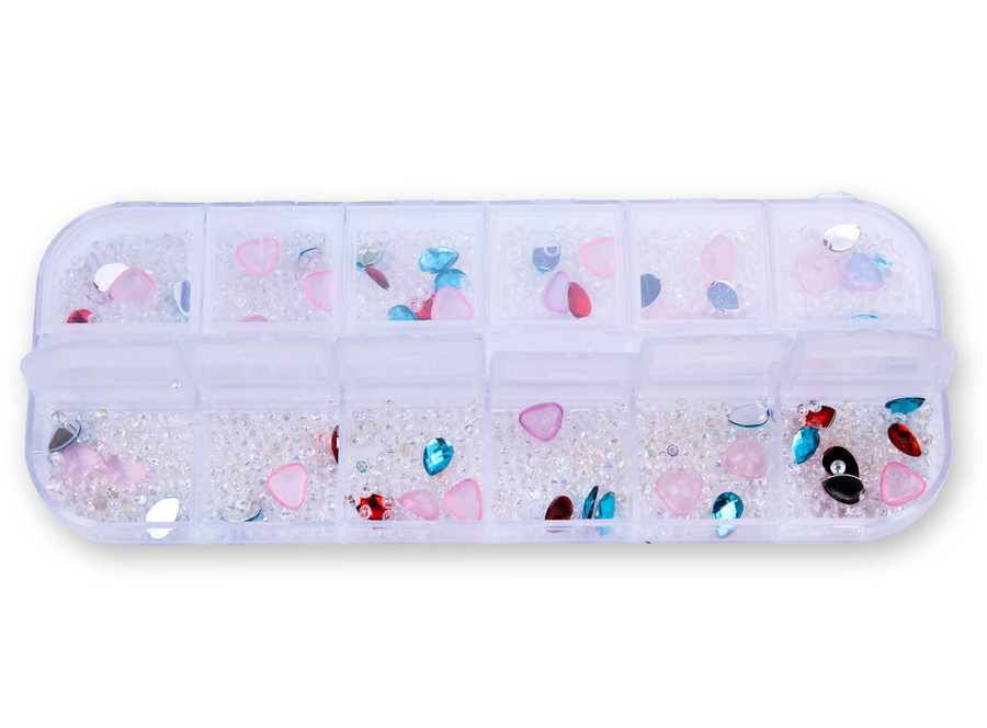 Zestaw ozdób do paznokci mix kryształki, serduszka, kropelki - kasetka