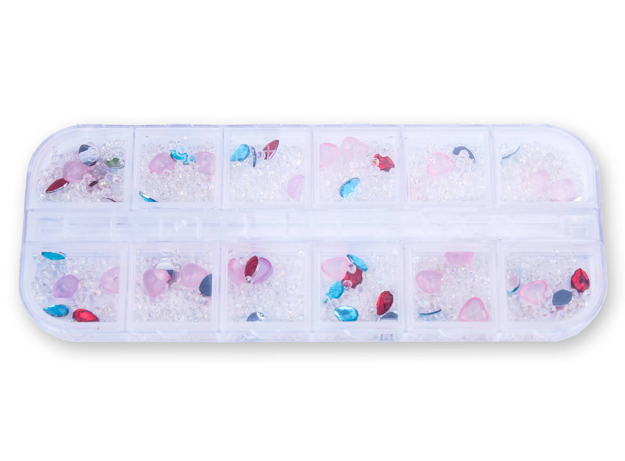 Zestaw ozdób do paznokci mix kryształki, serduszka, kropelki - kasetka