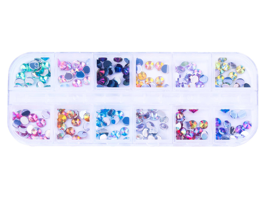 Zestaw ozdób do paznokci stożkowe dżety holo 12 kolorów - kasetka