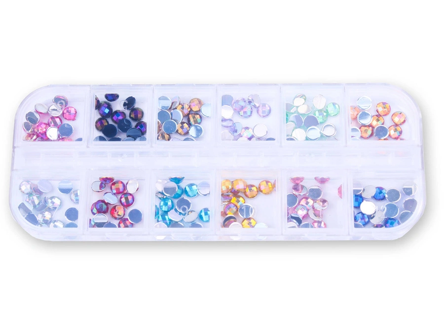 Zestaw ozdób do paznokci okrągłe dżety holo 12 kolorów - kasetka