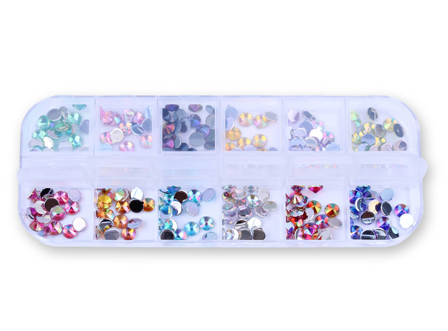 Zestaw ozdób do paznokci stożkowe dżety holo 12 kolorów - kasetka